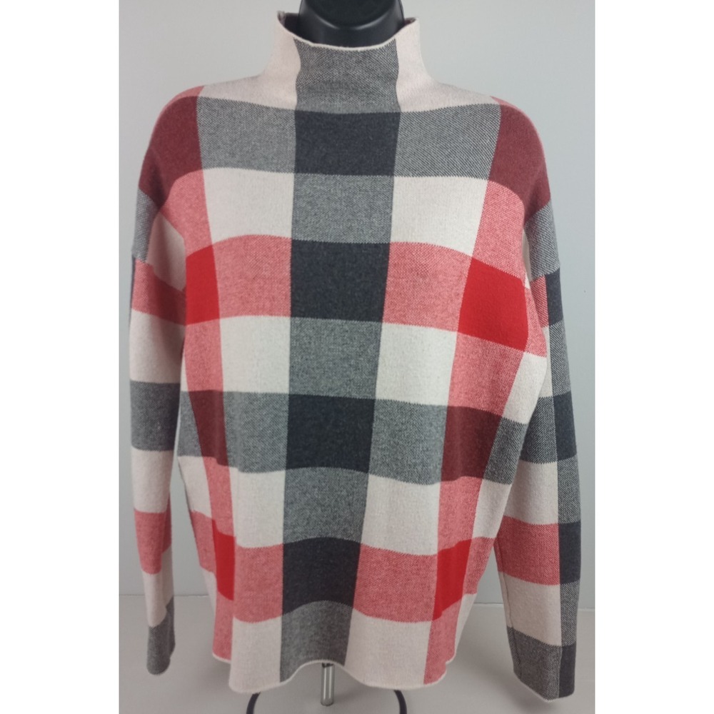 Tahari Women's M Cream Red Black‎ Checkered Mock Neck Long Sleeve Sweater